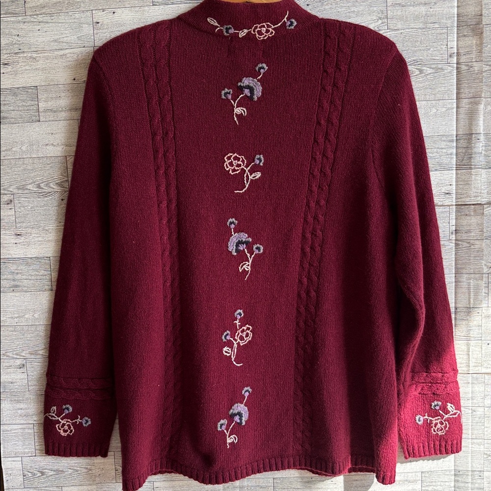 CJ Banks Womens 1X Ramie Angora‎ Cardigan Sweater burgundy Floral cottagecore - Picture 2 of 9